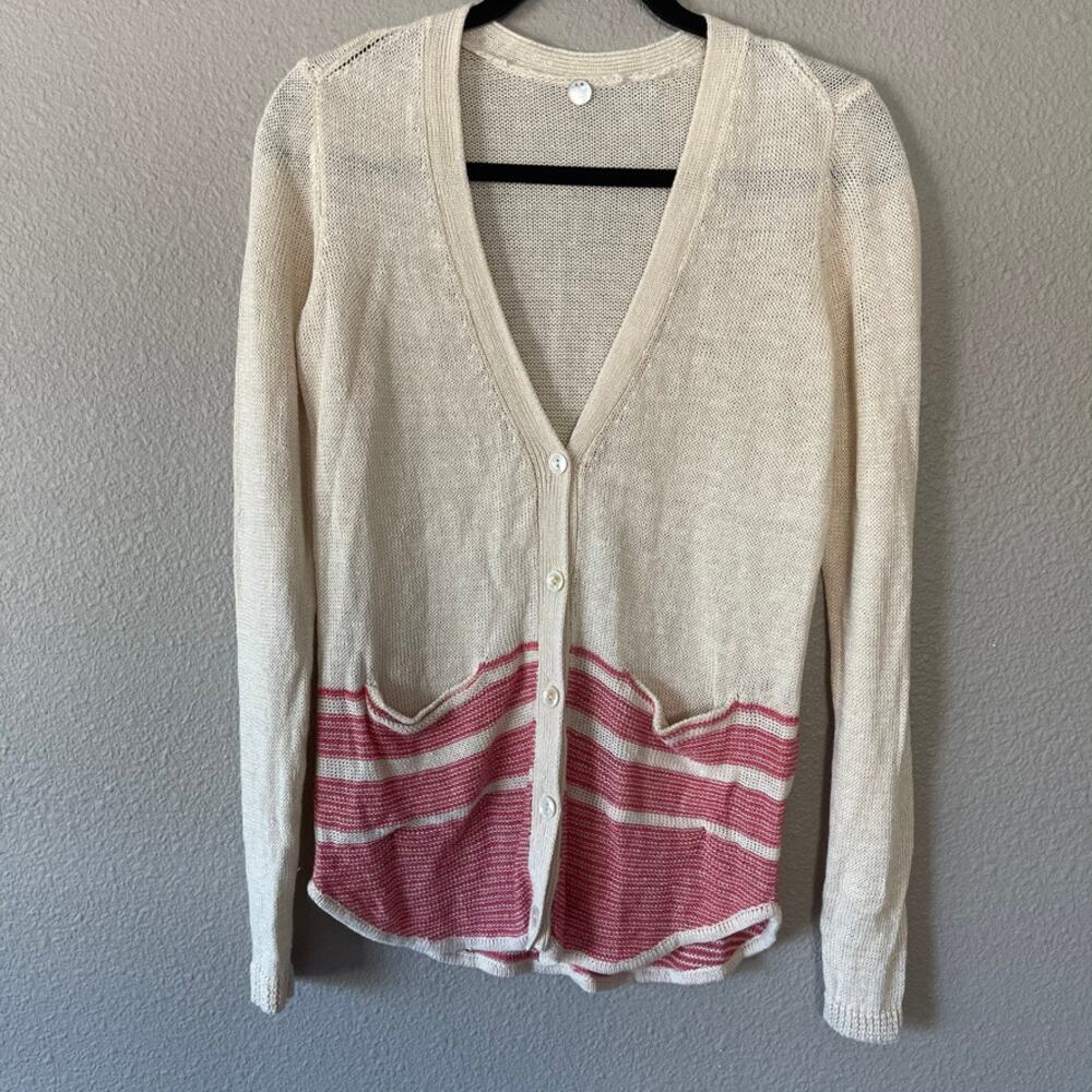 Margaret O'Leary Linen Stripe Knit Button Front V-Neck Pocket Women Cardigan XS